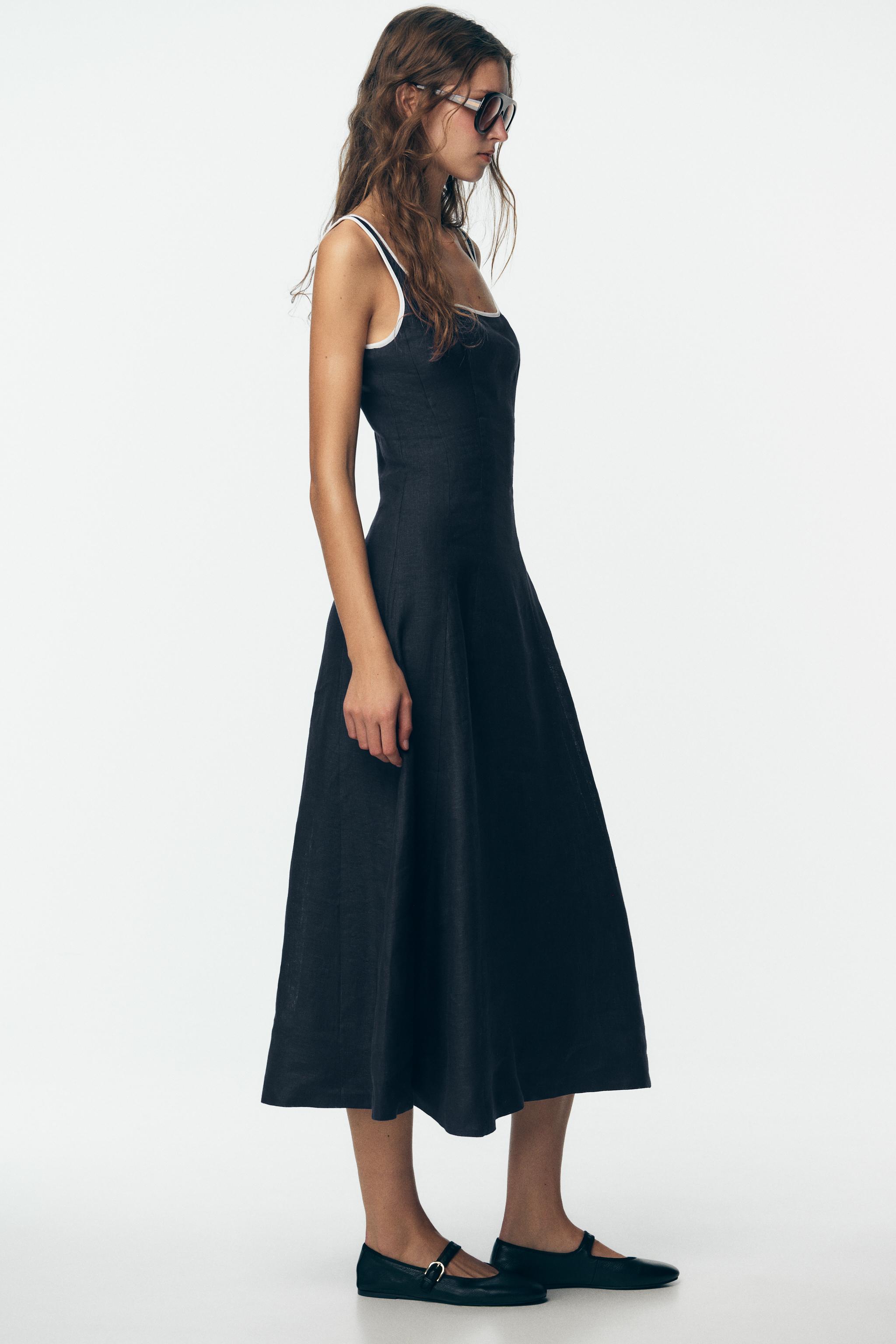 CONTRAST PIPING LINEN MIDI DRESS